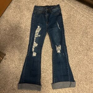 SHEIN Dark Blue Distressed Flare Jeans